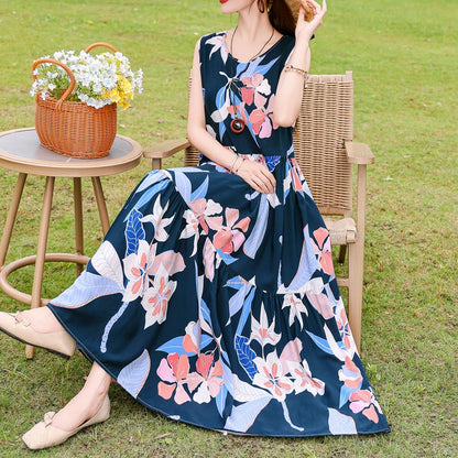 New Fashion Boho Long Dress for Women O-Neck Sleeveless Print Large Beach Long Dress Elegant Women's Dress 2024