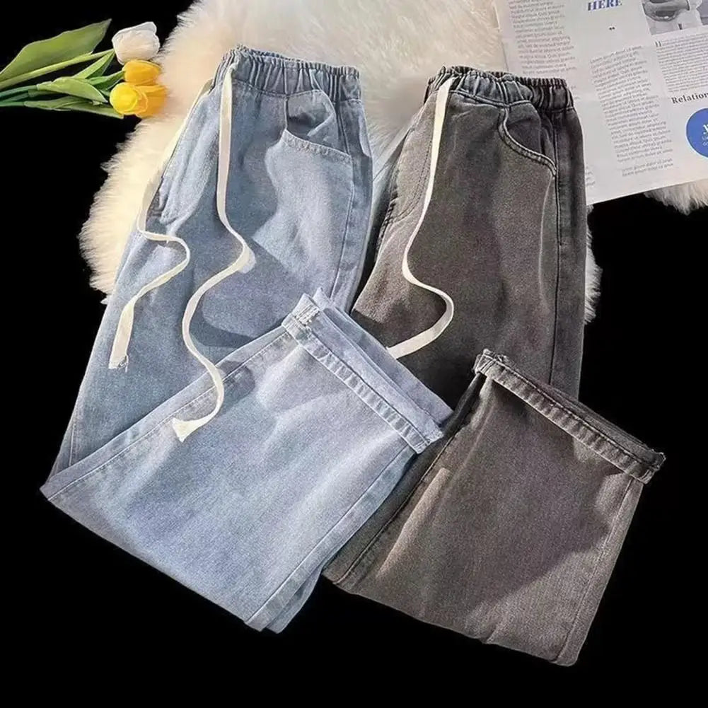 Men Solid Color Casual Jeans Elastic Waist Drawstring Pockets Denim Pants Wide Leg Loose Denim Trousers