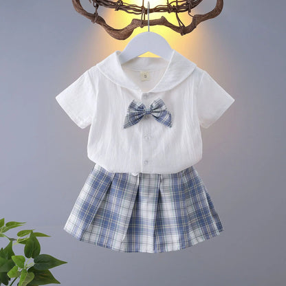 Girls College Style Jk Uniform Pleated Skirt + Short Sleeves Shirts Summer Children Big Kids School Students Sweat Clothes 0-12Y