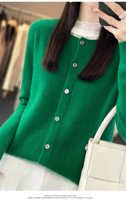 2024Spring and Autumn  New 100% pure merino cashmere sweater women's O-neck cardigan loose long-sleeved sweater top