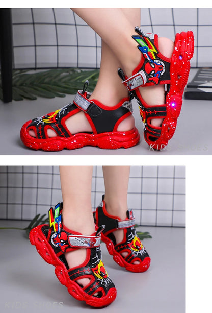 Disney LED Sport Sandals Summer Cartoon Spiderman Sandals for Boys Casual Beach Shoe Soft Sole Kids Shoes