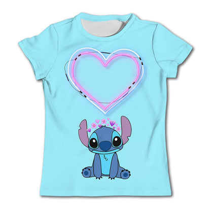 3-4Y Girls Disney Stitch T Shirts Summer Cute Cartoon Short Sleeve Children's Casual Clothing Quick Dry Tees T-shirt Kids' Top