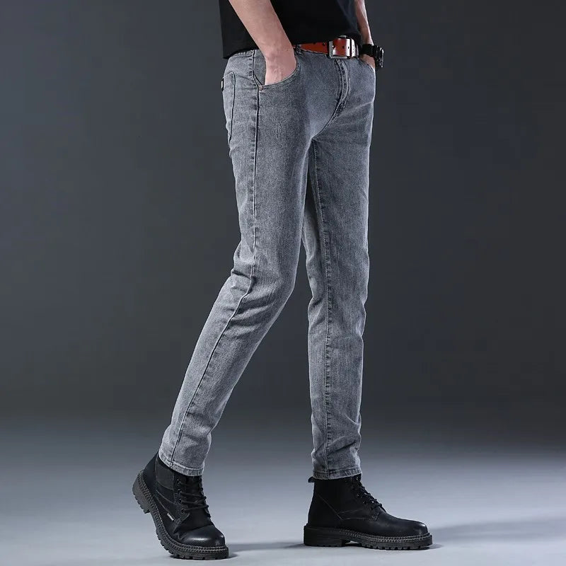 Grey Denim Jeans Male Elastic Pants Fashion Men's Long Thin High Street Small Feet Trousers