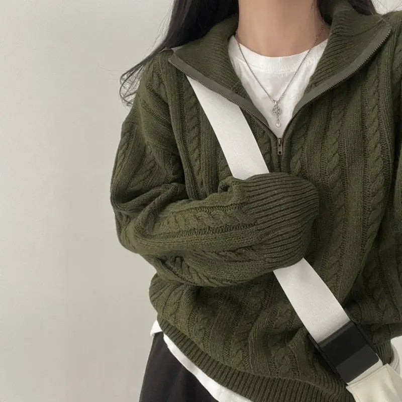 Deeptown Vintage Half Zipper Women Sweaters Korean Fashion Long Sleeve Knitted Pullover Loose Casual Thermal Knitwear Autumn