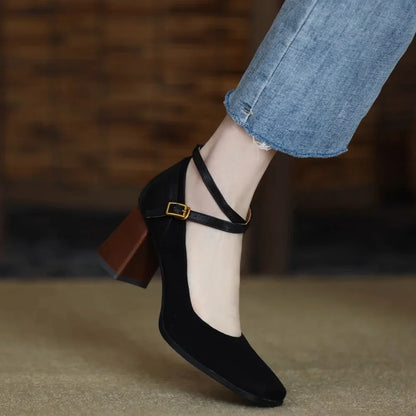 2023 Spring and Autumn New Fashion Square Toe Thick Heel Retro Matte Sexy Trendy Cross Buckle Women's Shoes