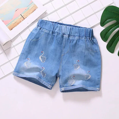 Girls Shorts Jeans Kids Eastic Band Short Pant 2024 Summer 2 To 12 Yrs Children's Clothing Teenagers Cartoon Embroidery Trousers