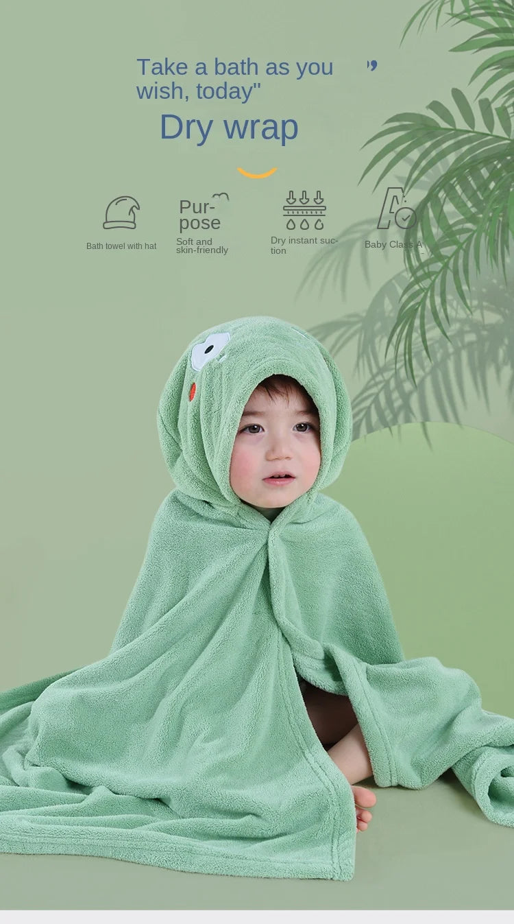 Infant Blanket, Male and Female Baby Cartoon Coral Velvet Bathrobe, Thickened Lint-free Children's Bath Towel, Hooded Cloak