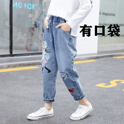 2024 Girls Students Jeans spring autumn Korean Wild Loose cartoon print Elastic Waist Straight Thin Wide-leg jeans 3-12Y