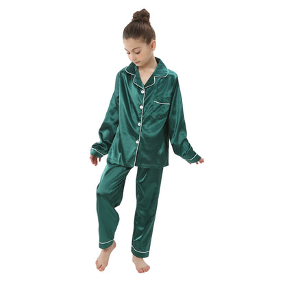 2pcs Boys Girls Pajamas Silk Pants Long Sleeve Solid Button-Down Pyjamas Satin Sets Nightgown Children Sleepwear Kids Loungewear