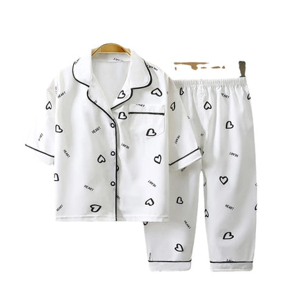 Summer children's loungewear lapel pajama set thin cropped sleeves cropped pants boys and girls loungewear air-conditioned