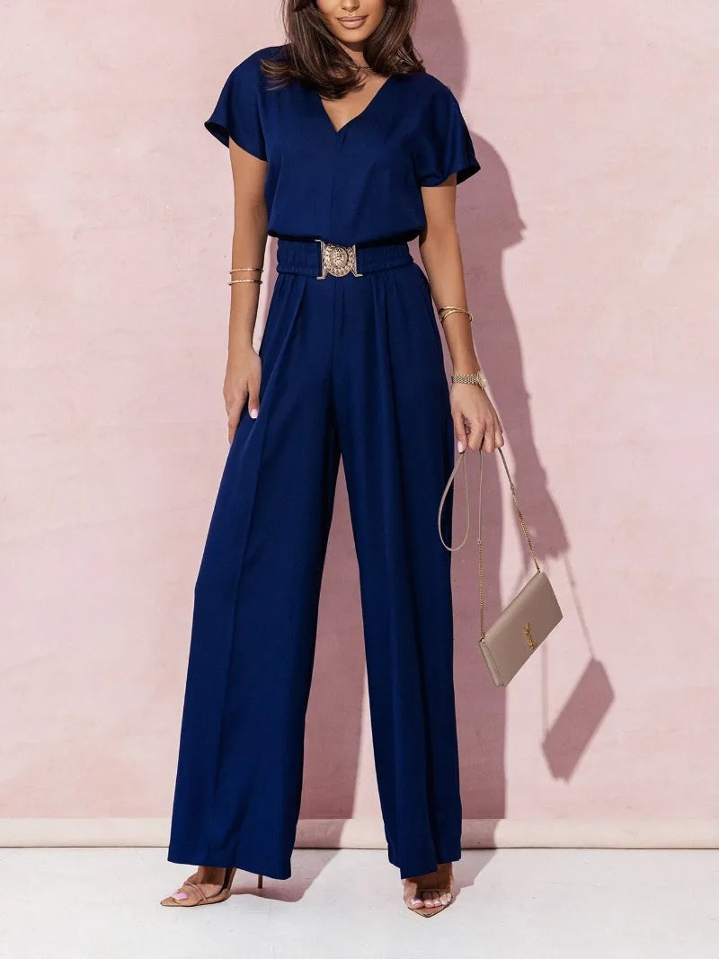 Women's Fashion V-neck Short Sleeve Jumpsuit Spring/Summer Women's Casual Belt Solid Color Jumpsuit