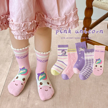 5 Pairs Children's Socks Autumn Cotton Socks Girls Mid Calf Socks Purple Unicorn Cartoon Socks Girls Cute Pattern Socks