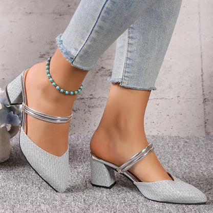 Gold Silver Bling High Heel Pumps Women Fashion Back Strap Slip-On Party Shoes Woman Pointed Toe Slingbacks Thick-Heeled Shoes