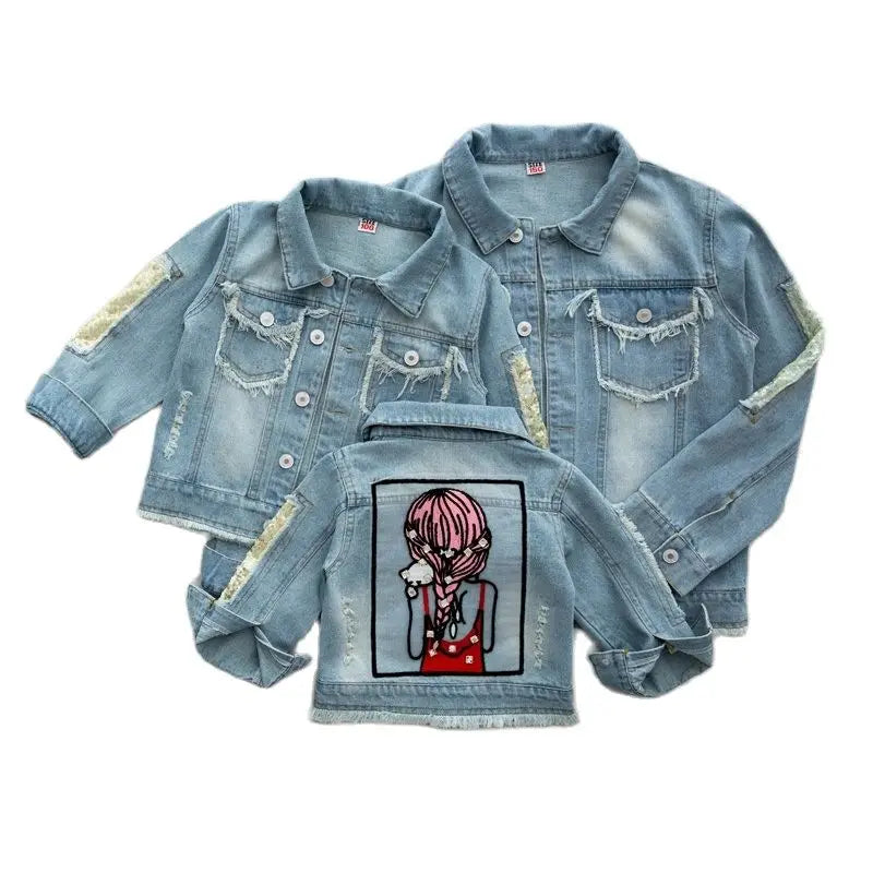 2023New Spring Autumn Kids Jacket Girls' sequined ripped beauty figure denim jacket Coats Girls Demin Outerwear Costume1-12Y