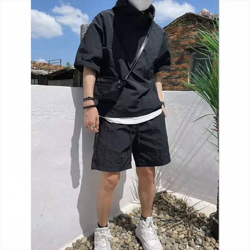 Summer Cargo Style Set Men's Casual Hooded Solid Short Sleeve T-shirt Shorts Loose Fashion High Quality Handsome Sweatshirt Suit