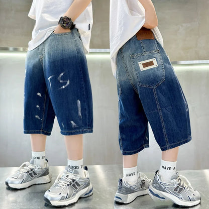 Summer Boys Fashion Denim Shorts Washed Gradient Letters Printed Cropped Trousers Children'S Clothing Casual Breathable Pants