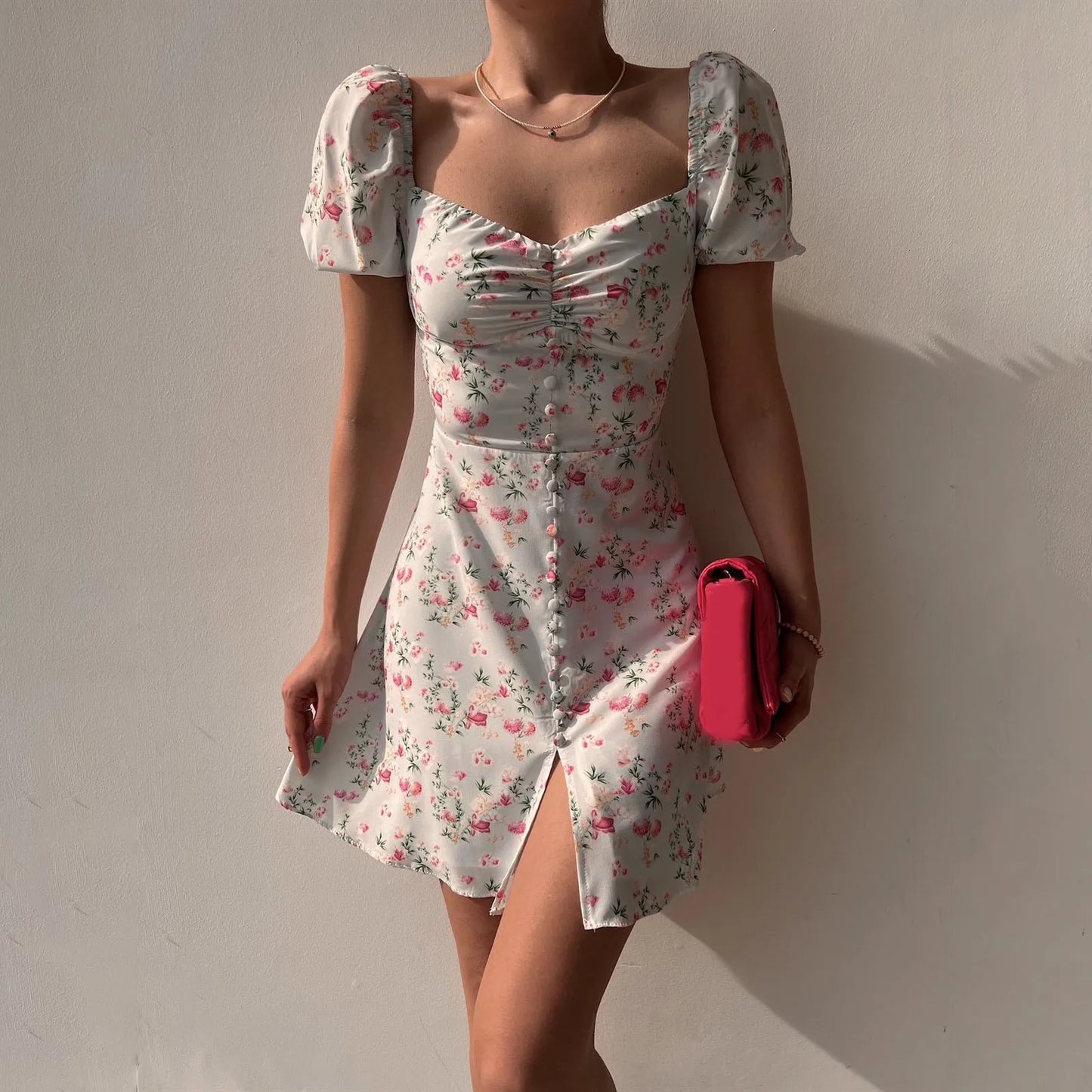 Youthful woman clothes Women's V Neck Fashionable Bubble Sleeve Floral Shorts Dress Dresses on sale clearance