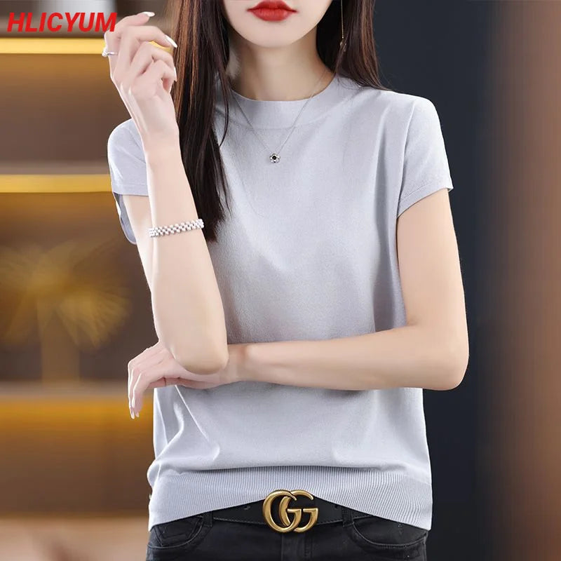 Women's T-shirt Summer New Solid Color Sweater Short Sleeve Casual Knit Round Neck Ladies Tops Blouse Overside Tees