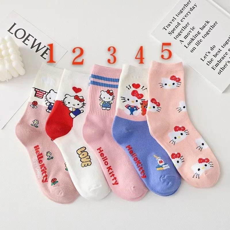 5pairs Kawaii Sanrio Cartoon Crew Socking  Anime Hello Kitty Kuromi Cinnamoroll Long Tube Harajuku Keep Warm Socks Girl Gift