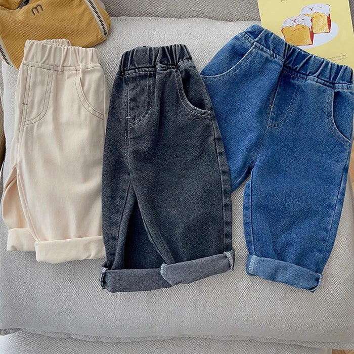 Korean Style Solid Color Cowboy Casual Fashion Pants Kids Elastic Waist Trousers Spring Autumn Baby Girls Boys Jeans