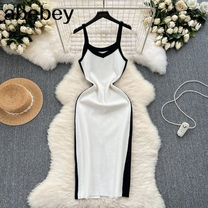 2024 Sexy Contrast Color Knitted Women Dress Summer Strap Elastic Sleeveless Bodycon Dress Europe Style Ladies Maxi Long Dress