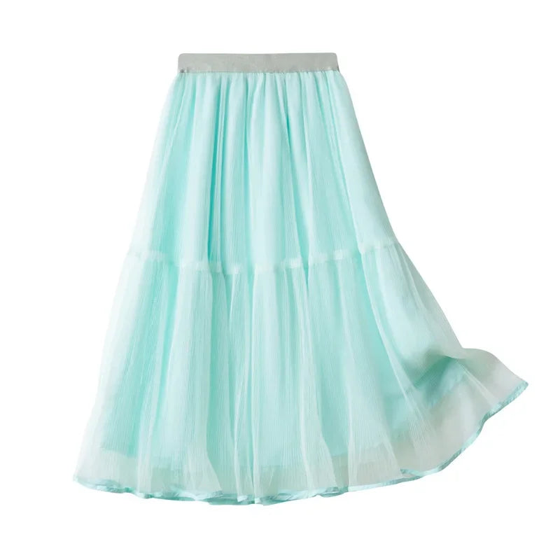 Girls Skirt Summer Mesh Fashion All-match Princess Skirt for Kids Casual Elastic Waist Teen School Children Long Skirt 4-12 Year