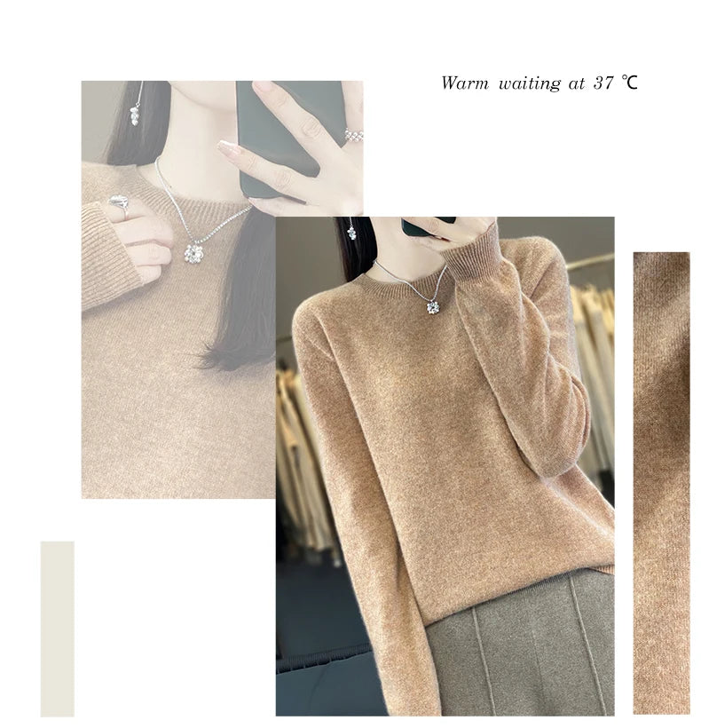 Women 100% Pure Merino Wool Knitted Sweater Autumn Winter Fashion O-Neck Pullover Seamless Jumper Tops Cashmere Warm Clothes