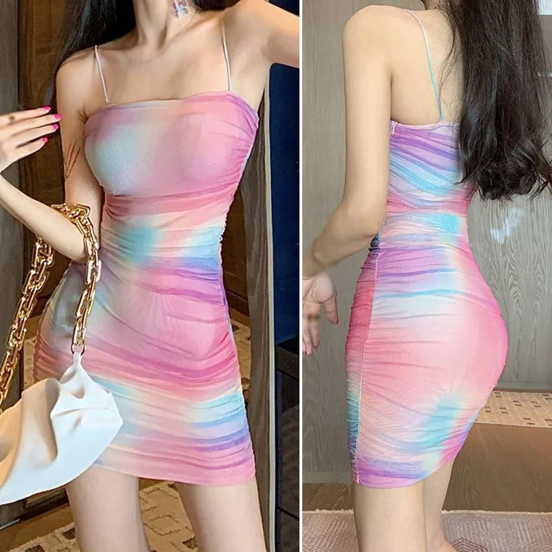 Women\'s Rainbow Lace Gauze Tight Sexy Suspender Dresses Backless Sling Dress