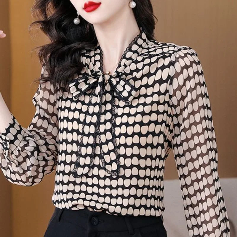 Korean Simplicity Summer New Women's V-Neck Bow Polka Dot Lacing Fashion Office Lady Long Sleeve Loose Chiffon Shirt Tops