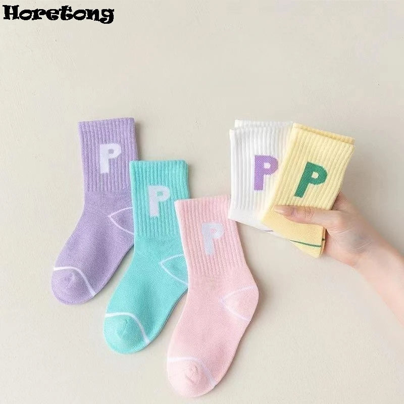 Horetong 5 Pairs/Lot Children's Fashion Letters For Girls Kids Autumn Comfortable Sports Casual School Cotton Middle Tube Socks