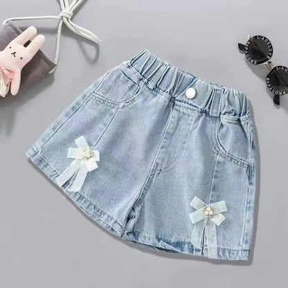 V-TREE Girls Denim Shorts Teenage Girl Summer Lace Pants Kids Bow Clothes Children Flowers Embroidery Jean Short For Teenager