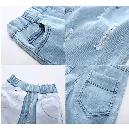 Boy Summer Shorts Kids Casual Denim Jeans Children Knee Length Pants Infant Fashion Torn Trousers Baby Elastic Waist Shorts