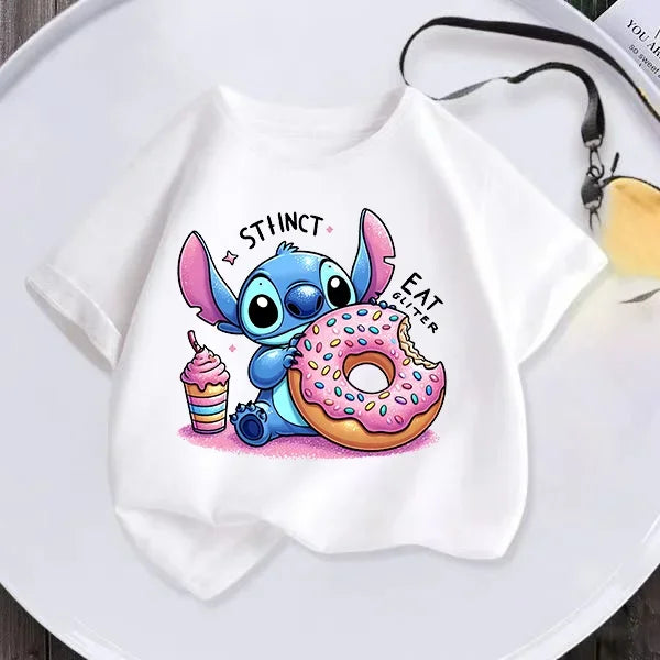 Disney Kids kawaii Clothing T-shirt Teen Playful Stitch Print Comfy crew neck Top Boys Girls Casual short sleeve