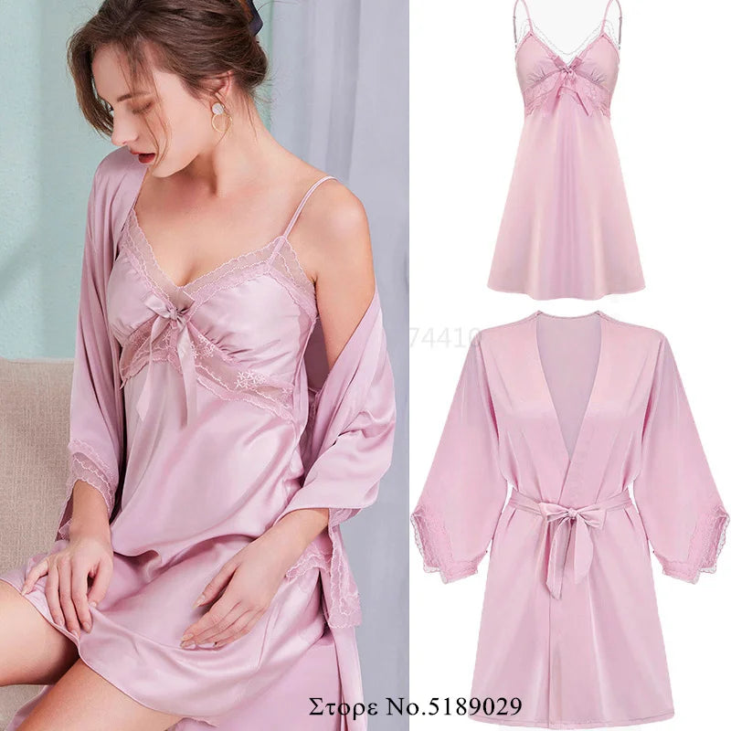 Pin Bow Nightgown Sexy Intimate Lingerie Female Kimono Bathrobe Gown Rayon Sleepwear Lace Trim Nightwear Sleepshirt Loungewear