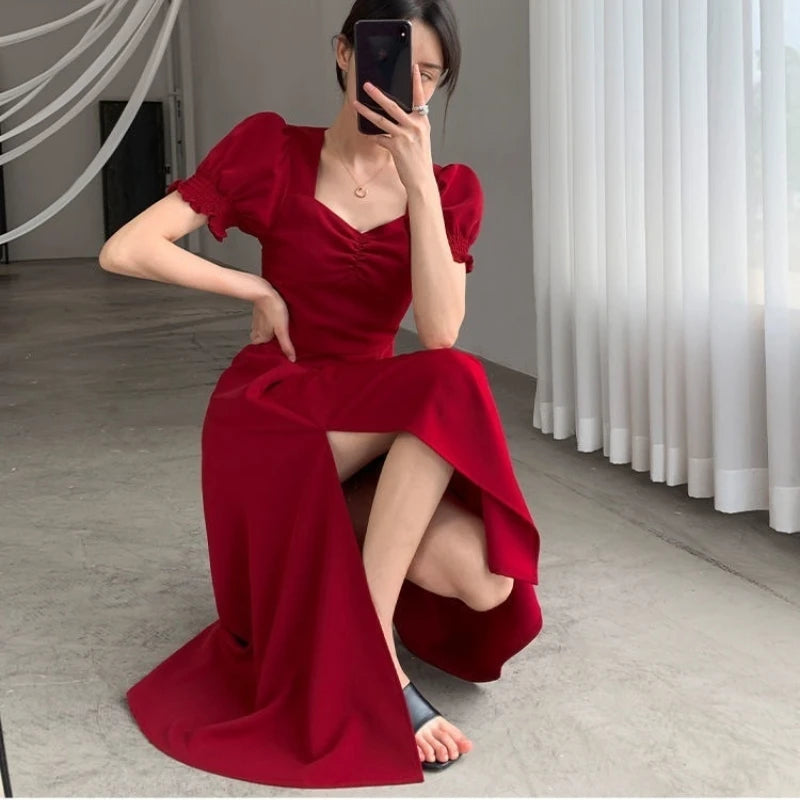 Solid Puff Short-Sleeved Elegant Dress Women Clothing Wedding Guest New Year Women Fashion High Waist Slim Evening Party Dresses