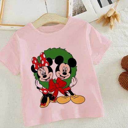 Disney Series Mickey Minnie Anime Clothes T-shirt Boy Girl Casual Summer White Pink Cotton Children's Clothing Baby Kawaii Tees