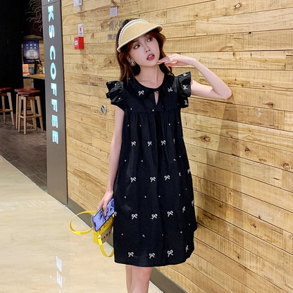 Flying Sleeve O-neck Maternity A-Line Dress Black Elegant Pregnat Woman Loose Dress with White Patterns Fashion Pregnancy Dress