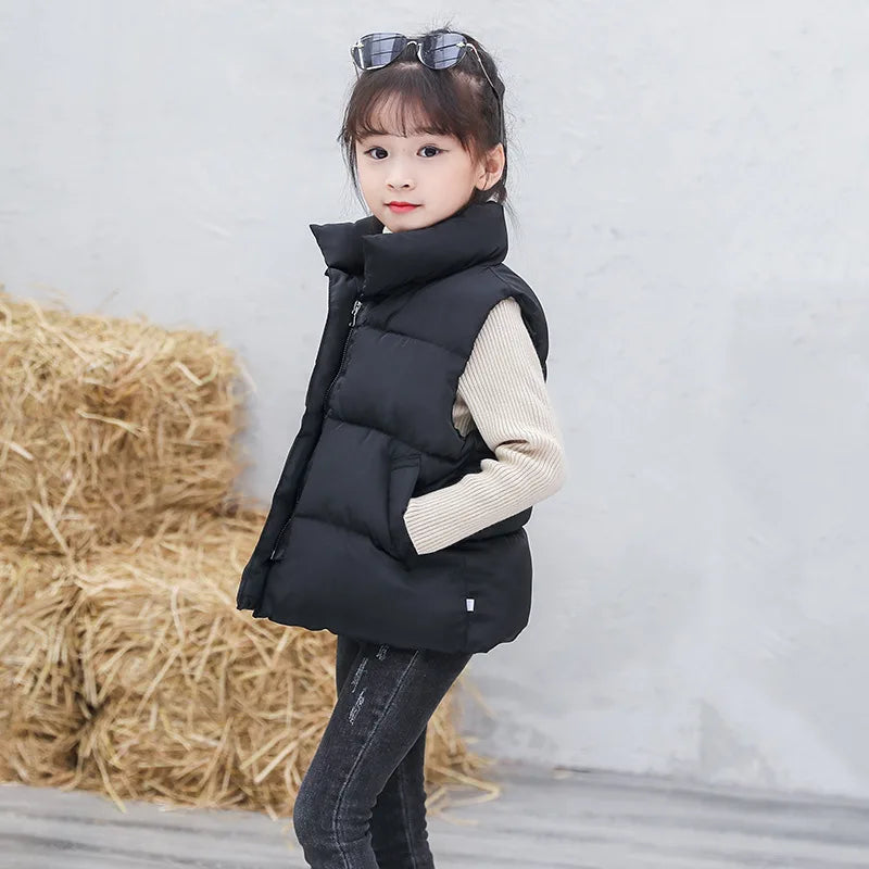 Solid Color Children Stand Collar Cotton Vests Boys Girls Autumn Winter Down Sleeveless Waistcoat Jacket Warm Outerwear 3-10Y