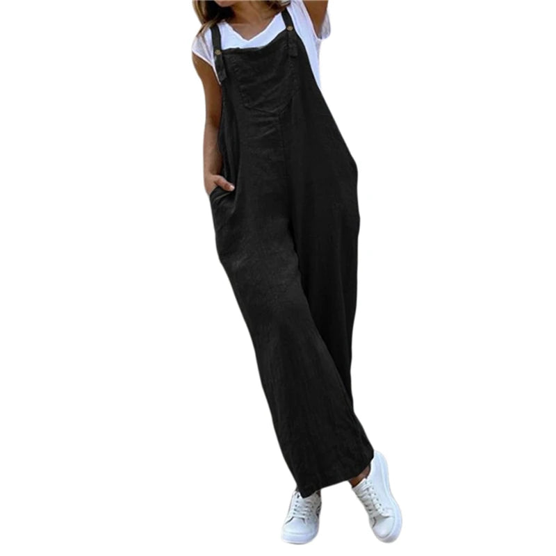 Summer Jumpsuit For Women Solid Color Jumpsuit Casual Long Pant Pockets Button Wide Leg Strap Jumpsuit Loose Rompers Overalls