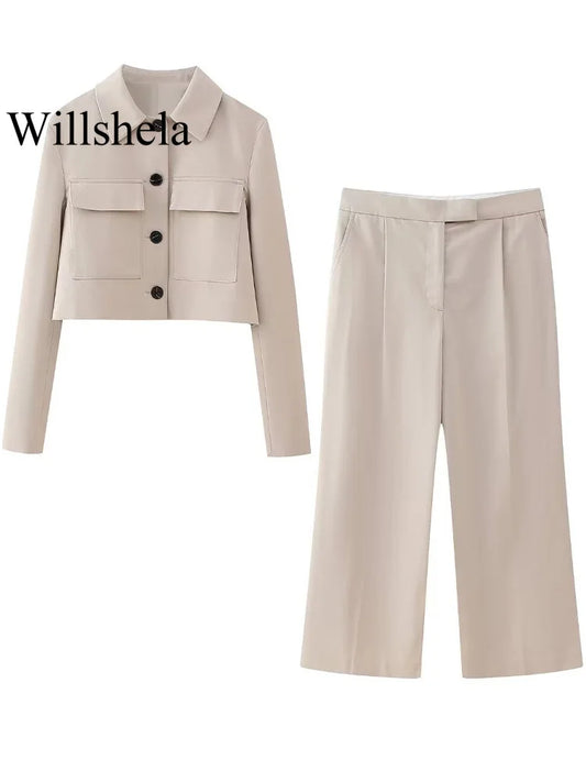 Willshela Women Fashion Two Piece Set Khaki Blazer With Pockets & Vintage Front Zipper Trousers Feamle Chic Lady Pants Sets