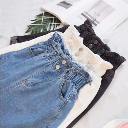 Summer Black Women's Denim Shorts Large Size Harem Ruffle White High Waisted Shorts Elastic Waist Jeans for Women