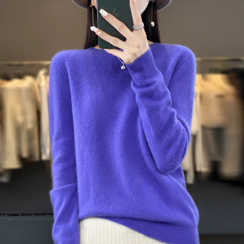 Women 100% Pure Merino Wool Knitted Sweater Autumn Winter Fashion O-Neck Pullover Seamless Jumper Tops Cashmere Warm Clothes