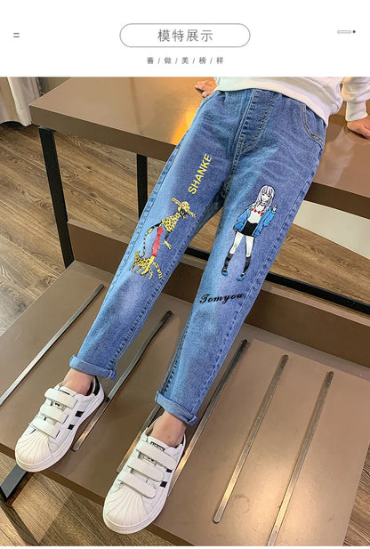 Girls Jeans Kids Cartoon Print Elastic Waist Denim Pant 2024 Spring Fall 3 To 12Yrs Teenagers Trousers Children's Cotton Clothes