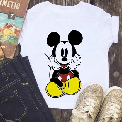 Disney Series Mickey Minnie Anime Clothes T-shirt Boy Girl Casual Summer White Pink Cotton Children's Clothing Baby Kawaii Tees