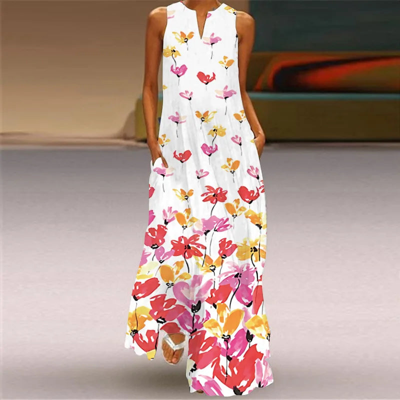 Fashion V-Neck Printed Sleeveless Women Maxi Dress Summer Casual Loose Straight Beach Long Dresses Ladies Sundress Lady Vestidos