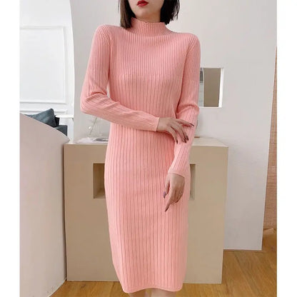 Autumn Winter New Fashion Long Sleeve Solid Half High Collar Sweaters Women's Clothing Loose All-match Knitting Trend Dresses