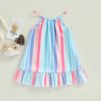 Kids Infant Baby Girls Summer Sleeveless Dress Vertical Stripe Print Ruffle Hem Casual Spaghetti Strap Dress 6M-4T