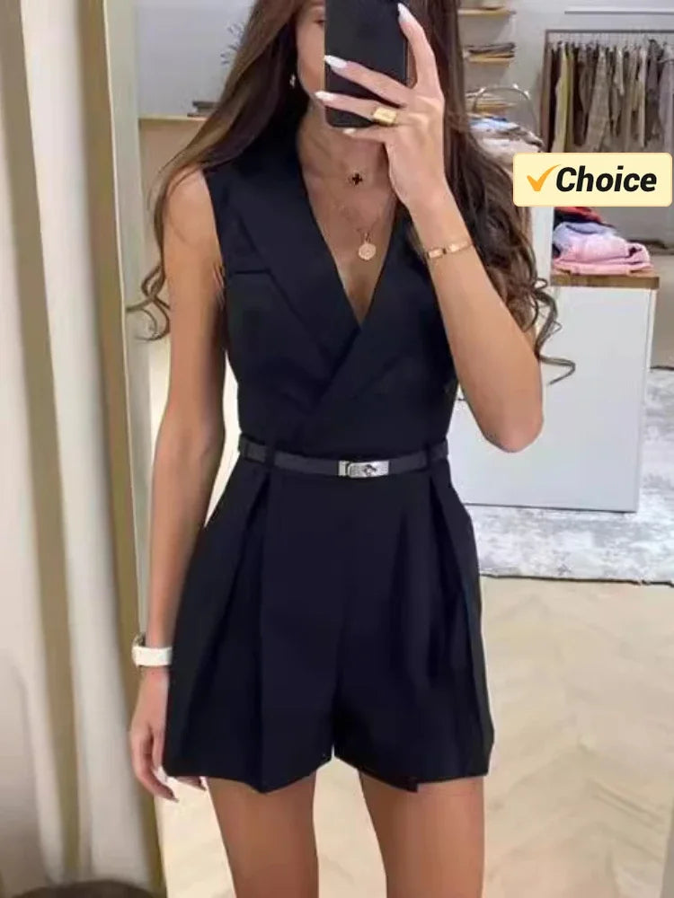 Summer Fashion New Women's Lapel Suit Jumpsuit OL Professional Commuting Women's Office Style Shorts Formal Jumpsuit