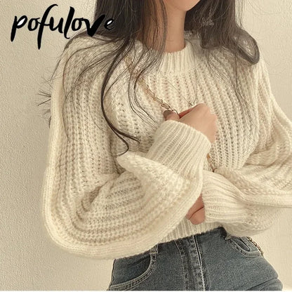 Knitted Sweater Pullovers New Design Cute Sweet Japan Girls Solid O Neck Short Crop Knit Tops 4 Colors 2023 Winter Autumn