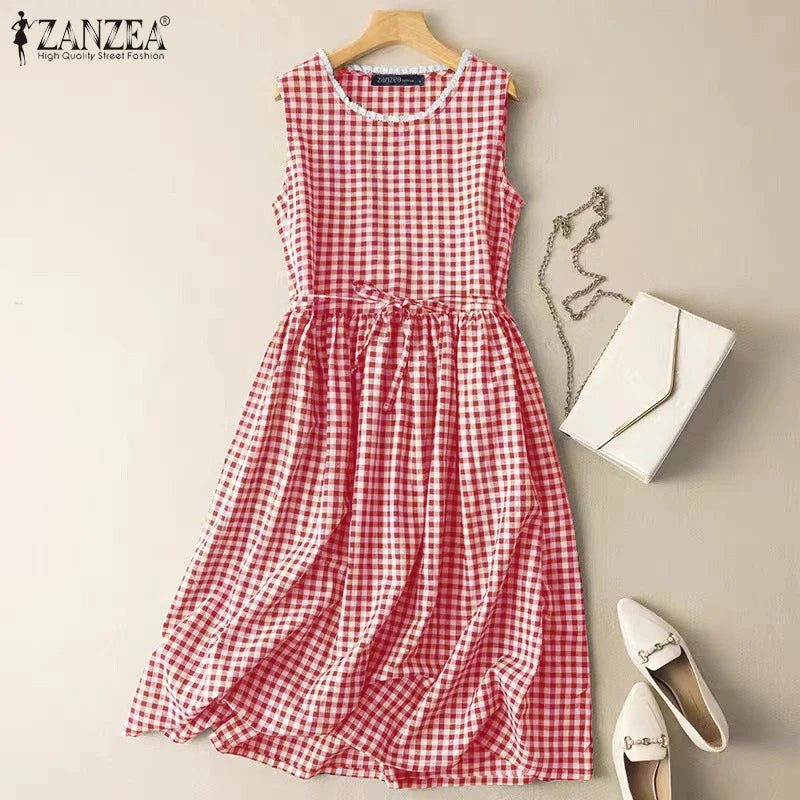 ZANZEA Vintage Summer Ruffles Sundress Casual Bohemian Fashion Beach Party Midi Vestido Women Sleeveless Plaid Checked Dress